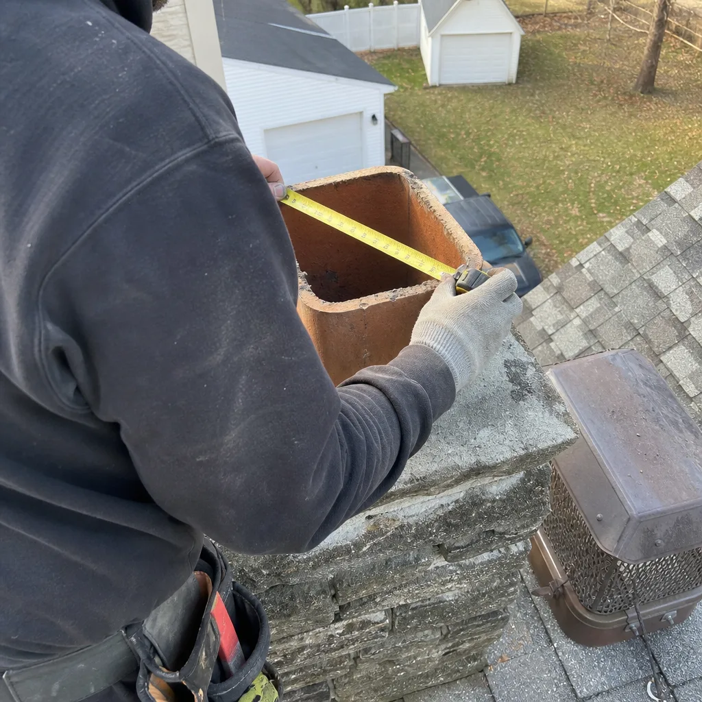 Professional measuring a chimney flue for a new chimney cap installation nationwide