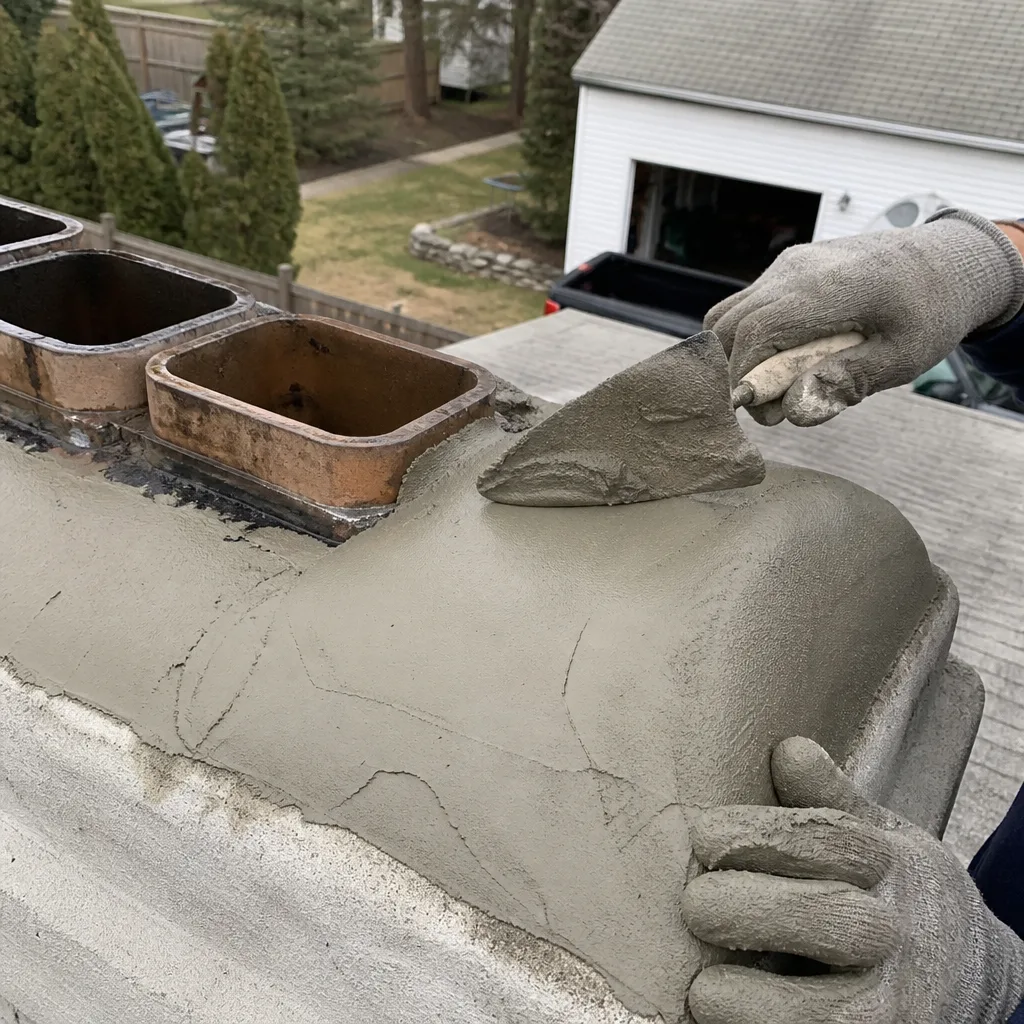Professional technician applying new mortar to a chimney crown nationwide