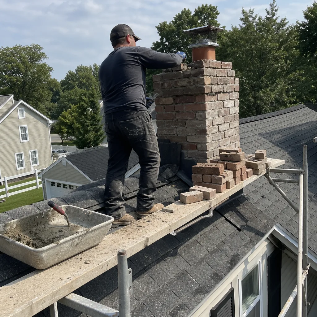 Professional mason performing chimney liner replacement and brick masonry repair nationwide