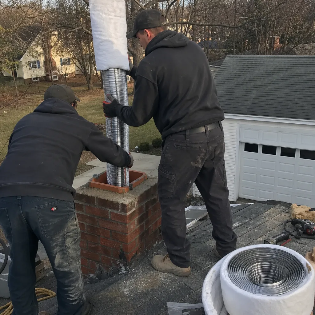 Two technicians installing a new insulated stainless steel chimney liner nationwide