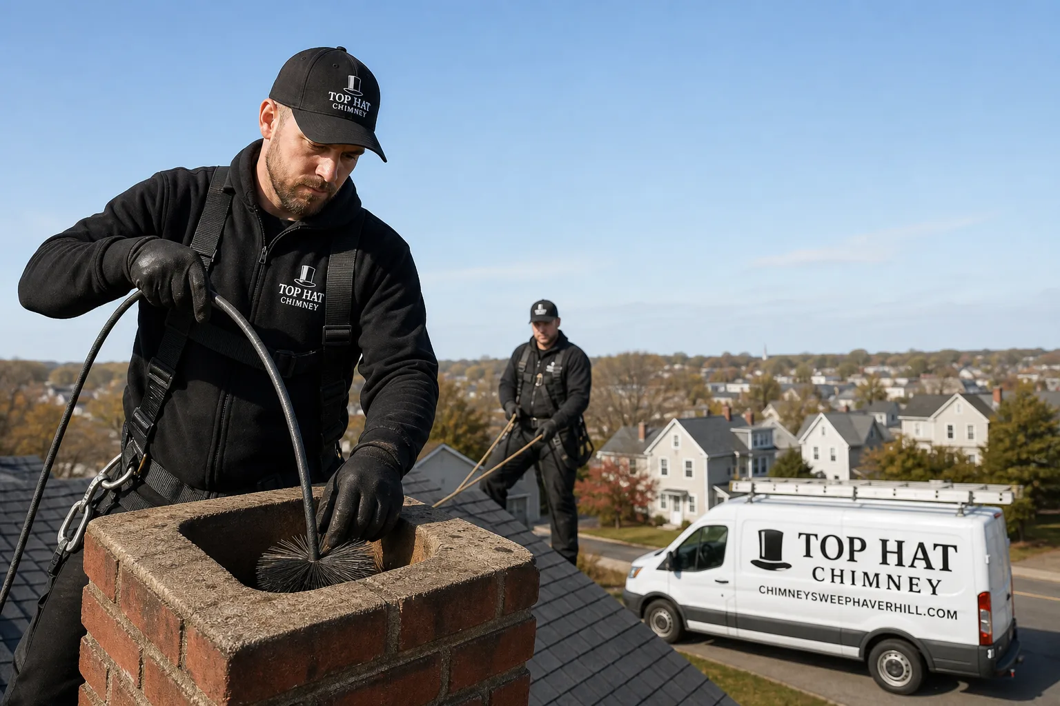 Top Hat Chimney chimney cleaning service vehicle and crew in Haverhill, MA